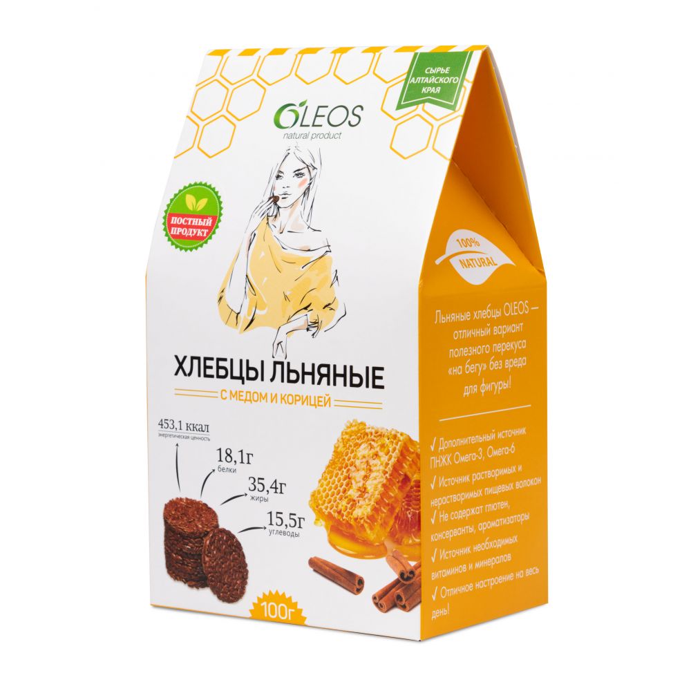 Олеос Хлебцы льняные с медом и корицей 100гр